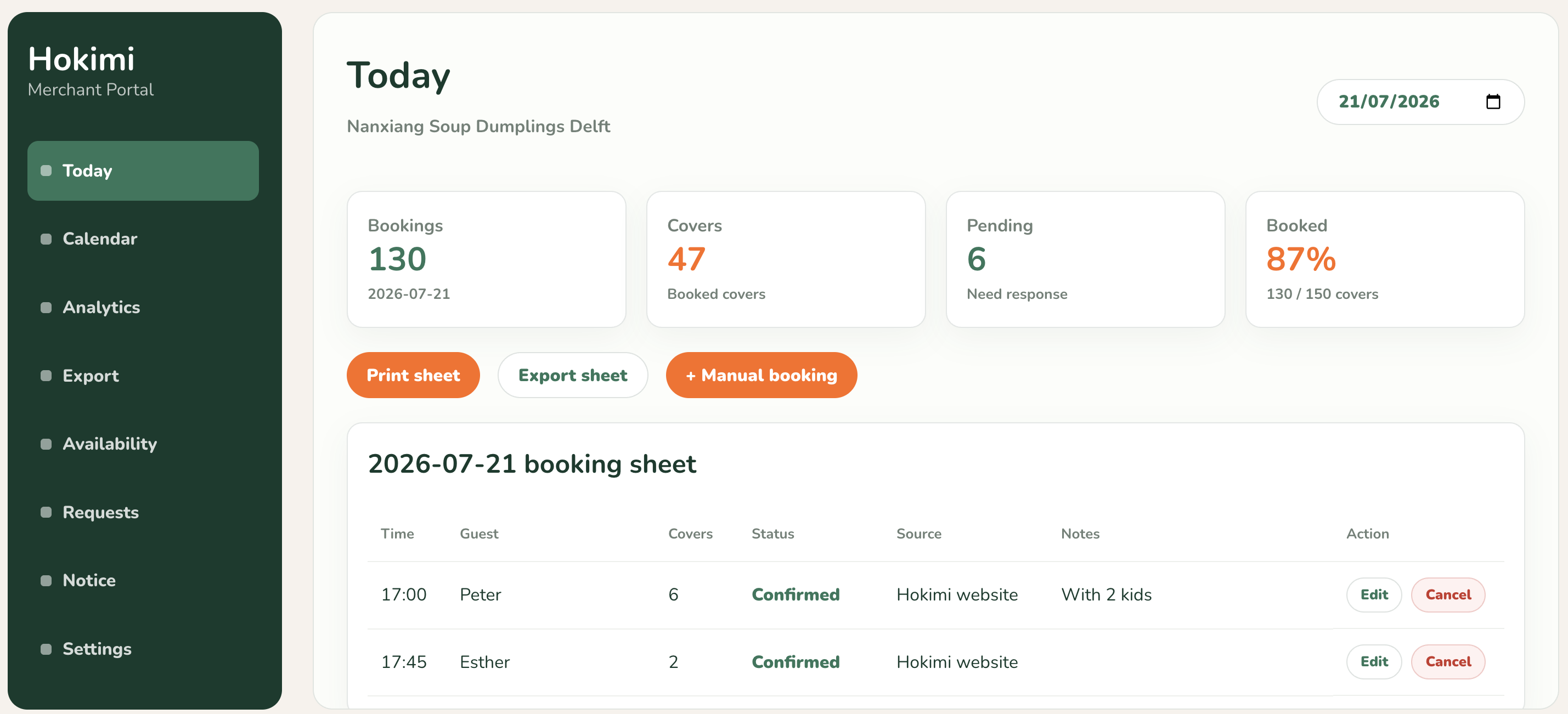 Hokimi Merchant Portal Today booking dashboard